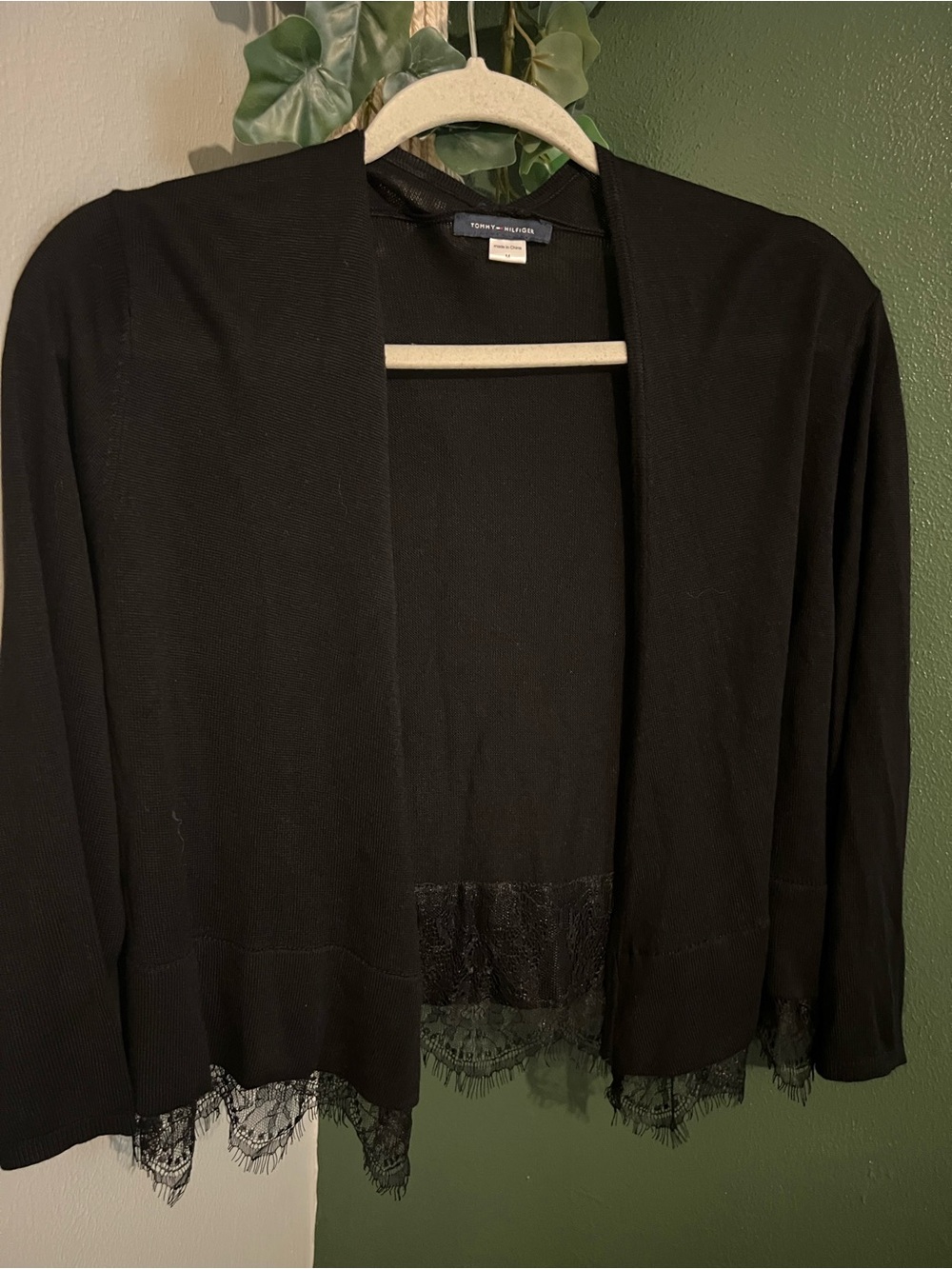 Tommy Hilfiger Black Lace-Trim Open Front Cardigan